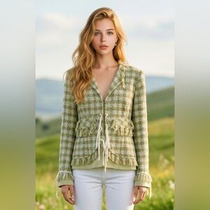JS Collections Green Plaid Tweed Fringe Jacket
